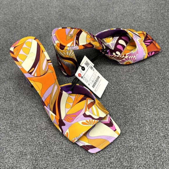 Zara High Heel Sandals Womens size 6.5 / 37 Orange Purple 80's Block Heel