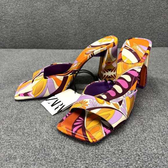 Zara High Heel Sandals Womens size 6.5 / 37 Orange Purple 80's Block Heel
