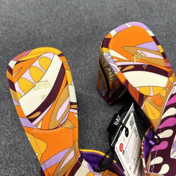 Zara High Heel Sandals Womens size 6.5 / 37 Orange Purple 80's Block Heel
