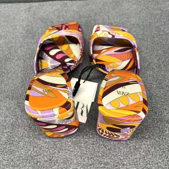 Zara High Heel Sandals Womens size 6.5 / 37 Orange Purple 80's Block Heel