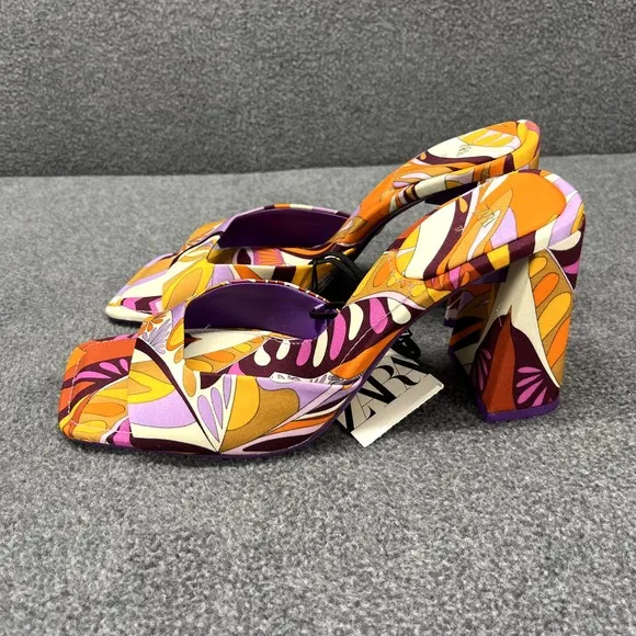 Zara High Heel Sandals Womens size 6.5 / 37 Orange Purple 80's Block Heel