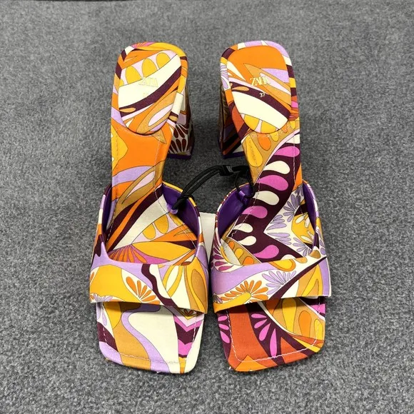 Zara High Heel Sandals Womens size 6.5 / 37 Orange Purple 80's Block Heel