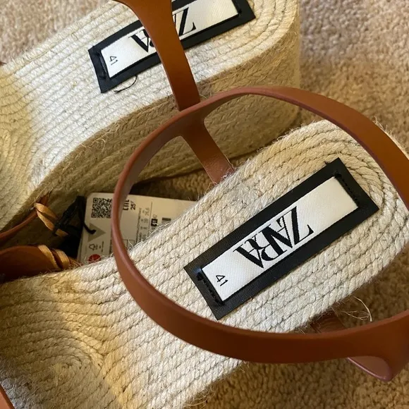 Zara Jute Platform Wedge Sandals Cognac Brown NWT