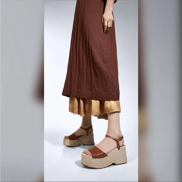 Zara Jute Platform Wedge Sandals Cognac Brown NWT