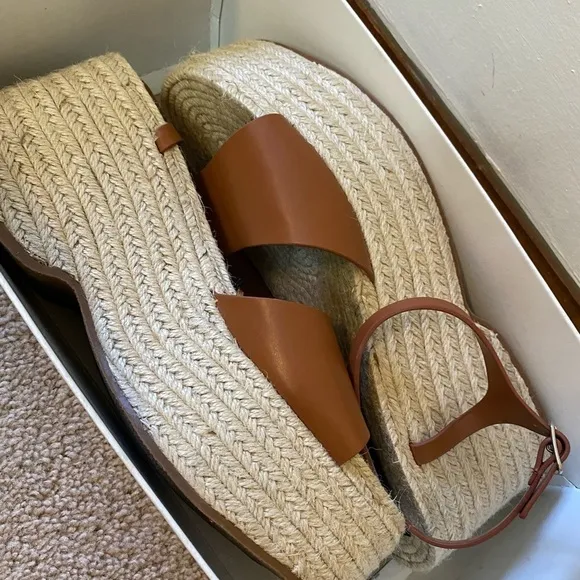 Zara Jute Platform Wedge Sandals Cognac Brown NWT