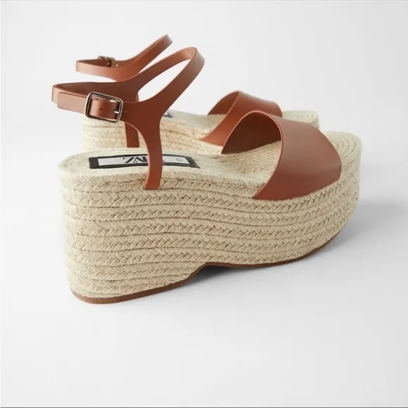 Zara Jute Platform Wedge Sandals Cognac Brown NWT