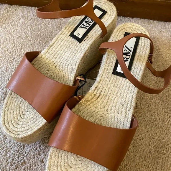Zara Jute Platform Wedge Sandals Cognac Brown NWT