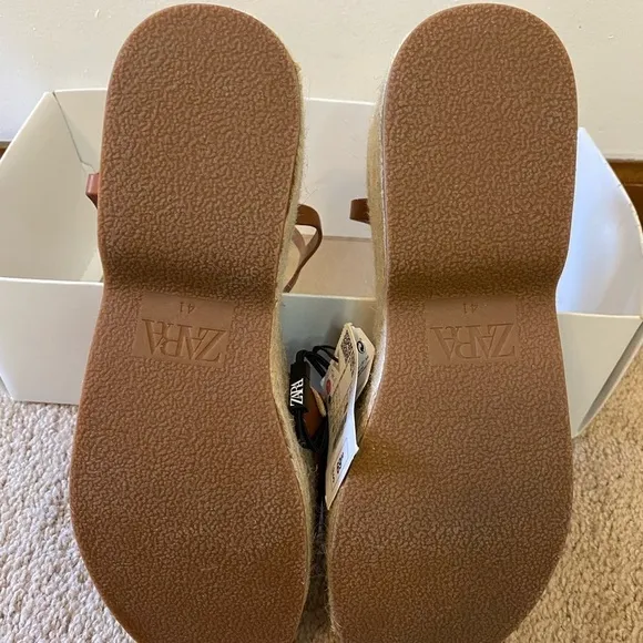 Zara Jute Platform Wedge Sandals Cognac Brown NWT