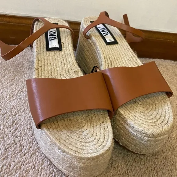 Zara Jute Platform Wedge Sandals Cognac Brown NWT