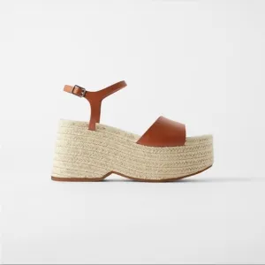 Zara Jute Platform Wedge Sandals Cognac Brown NWT