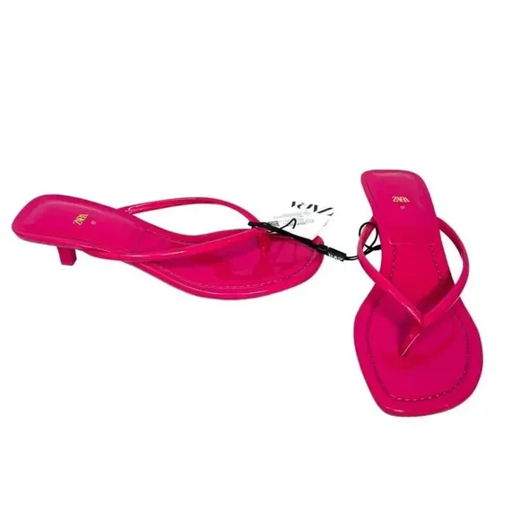 Zara Kitten Heel Thong Sandals Fuchsia Sz. 6.5 NWT