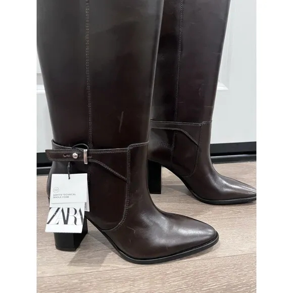 ZARA LEATHER BUCKLE HEEL BOOTS BROWN NEW WOMAN SIZE US 6.5  EUR 37 REF 1014/410