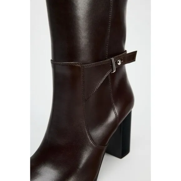 ZARA LEATHER BUCKLE HEEL BOOTS BROWN NEW WOMAN SIZE US 6.5  EUR 37 REF 1014/410