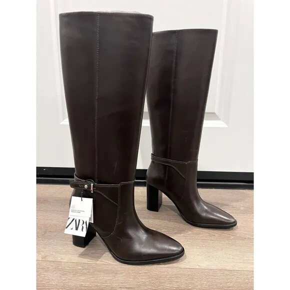 ZARA LEATHER BUCKLE HEEL BOOTS BROWN NEW WOMAN SIZE US 6.5  EUR 37 REF 1014/410