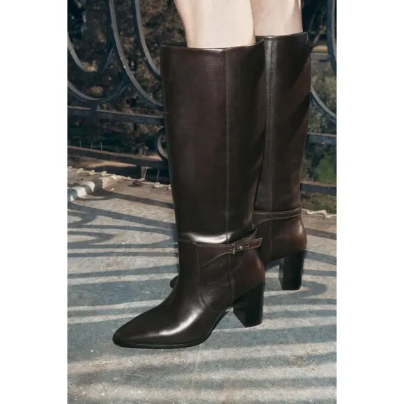 ZARA LEATHER BUCKLE HEEL BOOTS BROWN NEW WOMAN SIZE US 6.5  EUR 37 REF 1014/410