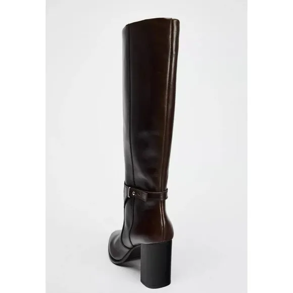 ZARA LEATHER BUCKLE HEEL BOOTS BROWN NEW WOMAN SIZE US 6.5  EUR 37 REF 1014/410