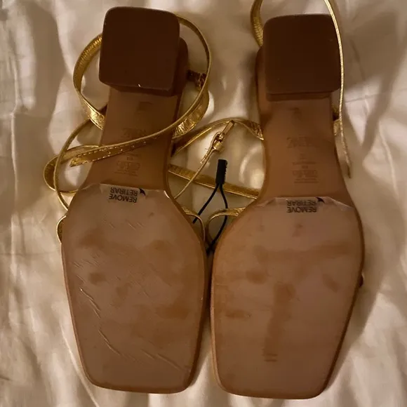 Zara Leather Gold Sandals with Wooden Heel