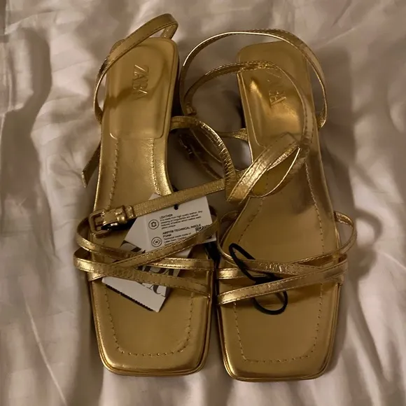 Zara Leather Gold Sandals with Wooden Heel