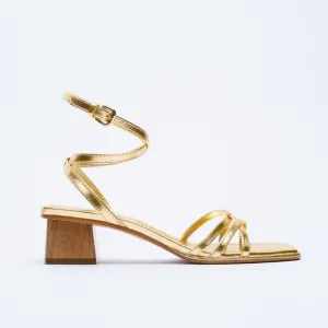 Zara Leather Gold Sandals with Wooden Heel