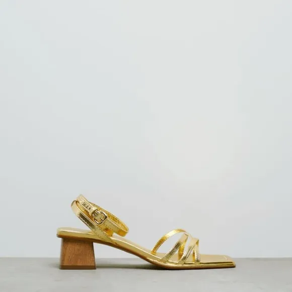 Zara Leather Gold Sandals with Wooden Heel