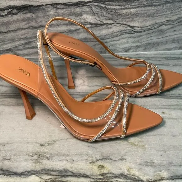 ZARA NWT RHINESTONE VINYL HIGH HEEL SANDALS