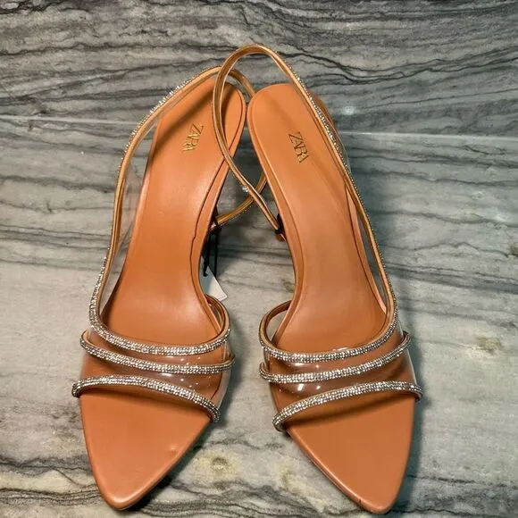 ZARA NWT RHINESTONE VINYL HIGH HEEL SANDALS