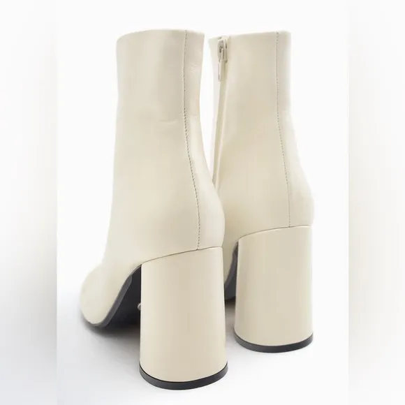 Zara Off White Wide Heeled Leather Ankle Boots