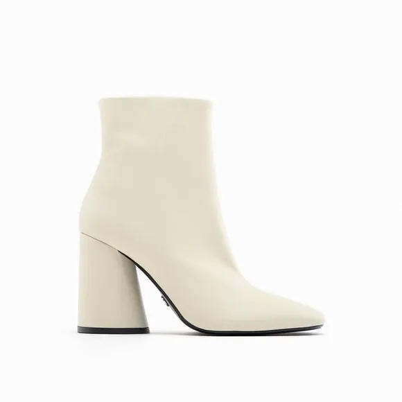 Zara Off White Wide Heeled Leather Ankle Boots