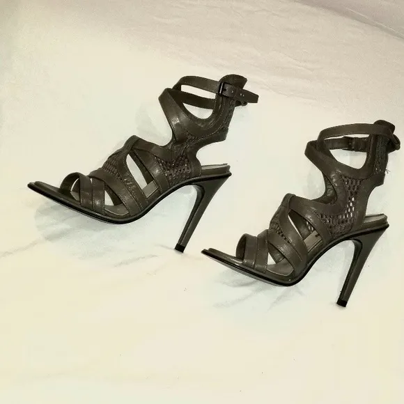 ZARA OLIVE GRAY STRAP MESH HIGH HEEL SANDAL SIZE 6