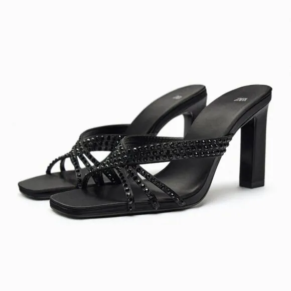 ZARA SATIN EFFECT RHINESTONE HEELED SANDALS BLACK SIZE 9 | 1815/110/800