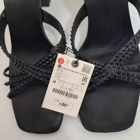ZARA SATIN EFFECT RHINESTONE HEELED SANDALS BLACK SIZE 9 | 1815/110/800