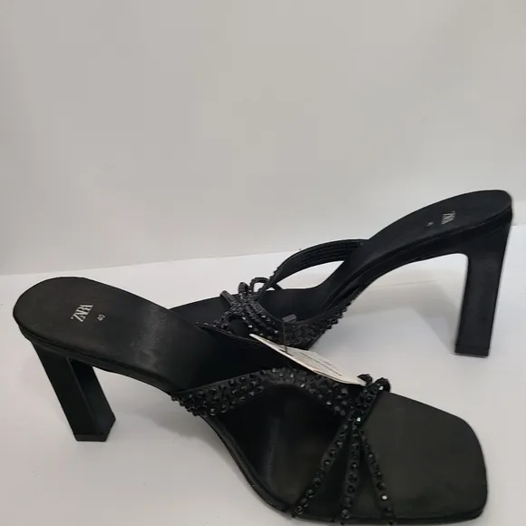 ZARA SATIN EFFECT RHINESTONE HEELED SANDALS BLACK SIZE 9 | 1815/110/800