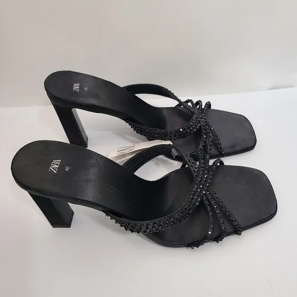 ZARA SATIN EFFECT RHINESTONE HEELED SANDALS BLACK SIZE 9 | 1815/110/800