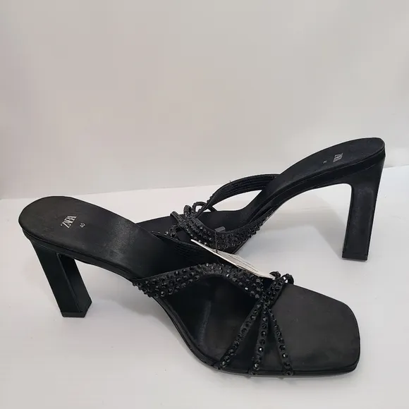ZARA SATIN EFFECT RHINESTONE HEELED SANDALS BLACK SIZE 9 | 1815/110/800