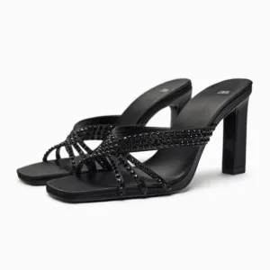 ZARA SATIN EFFECT RHINESTONE HEELED SANDALS BLACK SIZE 9 | 1815/110/800