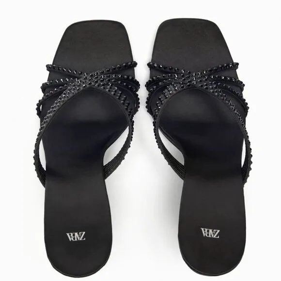 ZARA SATIN EFFECT RHINESTONE HEELED SANDALS BLACK SIZE 9 | 1815/110/800