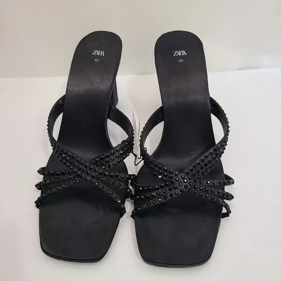 ZARA SATIN EFFECT RHINESTONE HEELED SANDALS BLACK SIZE 9 | 1815/110/800