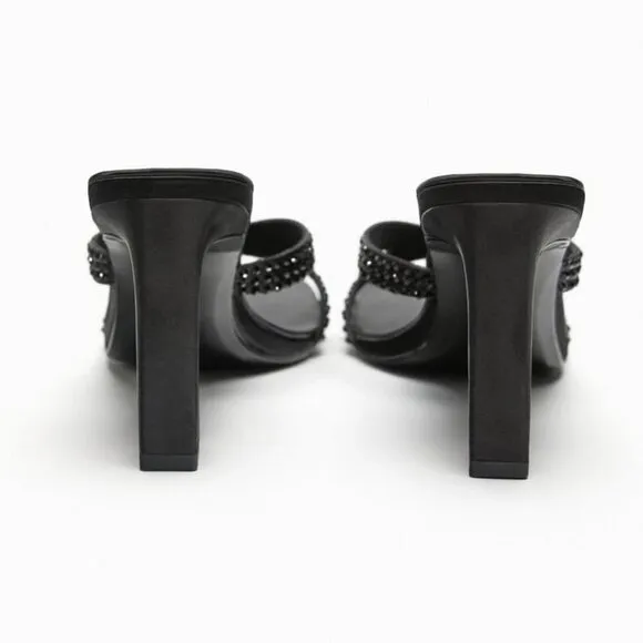 ZARA SATIN EFFECT RHINESTONE HEELED SANDALS BLACK SIZE 9 | 1815/110/800
