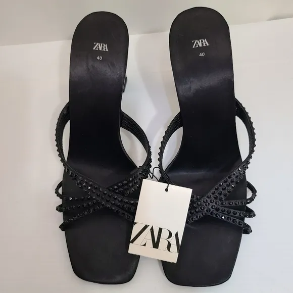 ZARA SATIN EFFECT RHINESTONE HEELED SANDALS BLACK SIZE 9 | 1815/110/800