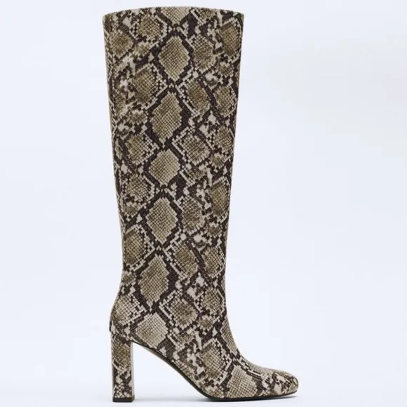 Zara Snake Print Knee High Block Heeled Boots