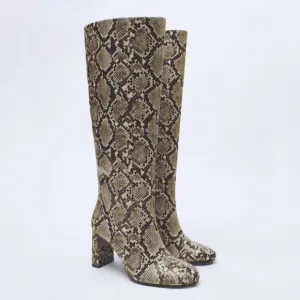 Zara Snake Print Knee High Block Heeled Boots