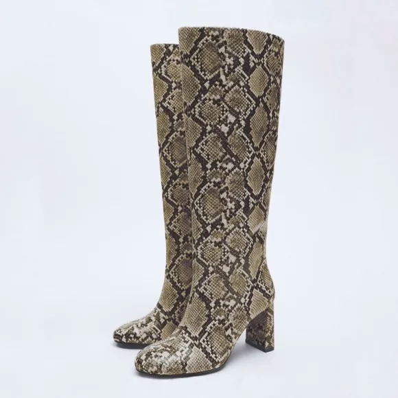 Zara Snake Print Knee High Block Heeled Boots