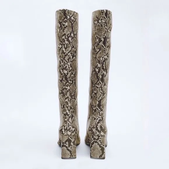 Zara Snake Print Knee High Block Heeled Boots