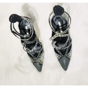 Zara Snake Print Pointed Toe Strappy High Heel Shoes Women's Size 6.5 US