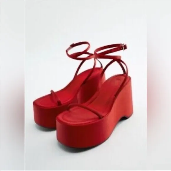 Zara woman’s chunky satin strap wedge sandals