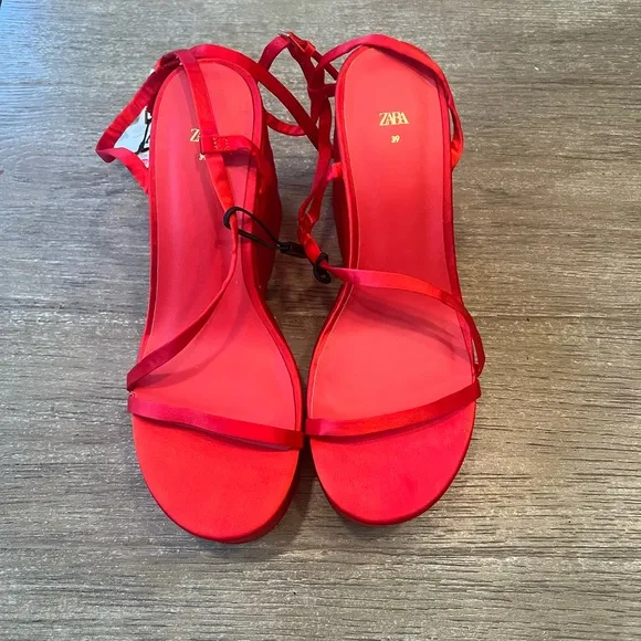 Zara woman’s chunky satin strap wedge sandals