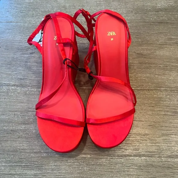Zara woman’s chunky satin strap wedge sandals