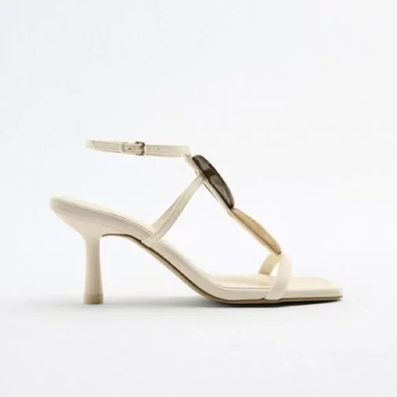 Zara LEATHER MID-HEIGHT HEEL SANDALS New