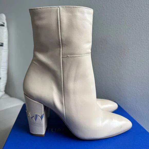 ZIGN Cream Leather Flame Block Heel Ankle Boots 38 EU