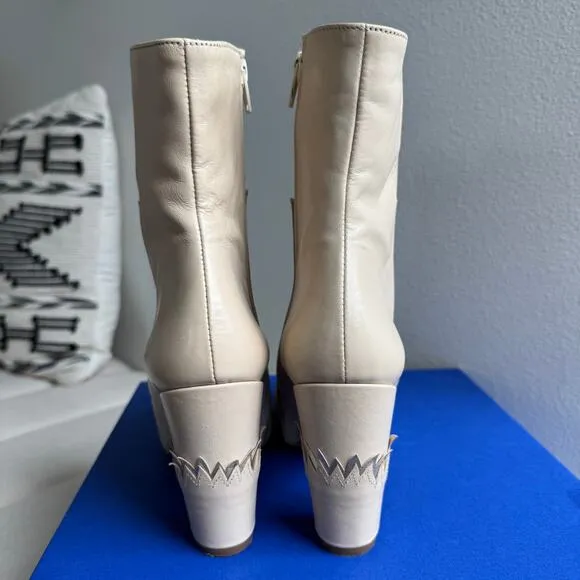 ZIGN Cream Leather Flame Block Heel Ankle Boots 38 EU